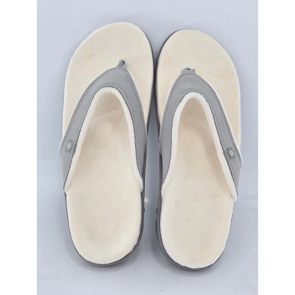 Spenco Yumi Plush Thong Sandals Womens 10 Grey Faux Fur Orthotic Flip Flops -VG